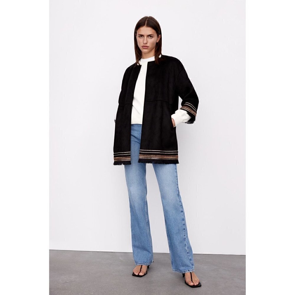 Zara Black Faux Suede‎ Contrast Embroidered Jacket L